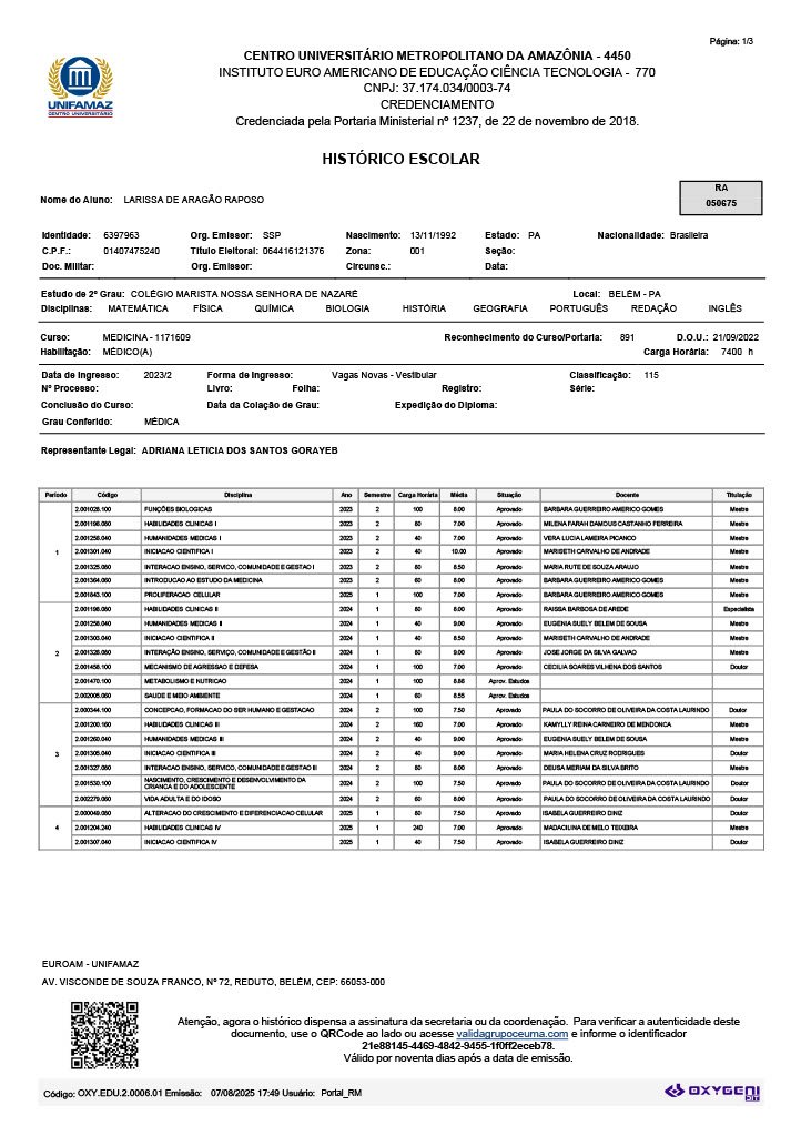 Página 1 do Histórico Escolar